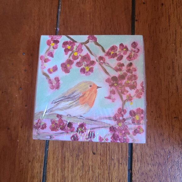NEW Small Wood Framed Canvas Print Robin & Cherry Tree 4" x 4" x 1.5" - Picture 1 of 5